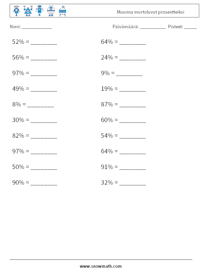 Muunna murtoluvut prosentteiksi Matematiikan laskentataulukot 5