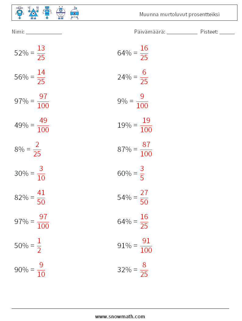 Muunna murtoluvut prosentteiksi Matematiikan laskentataulukot 5 Kysymys, vastaus