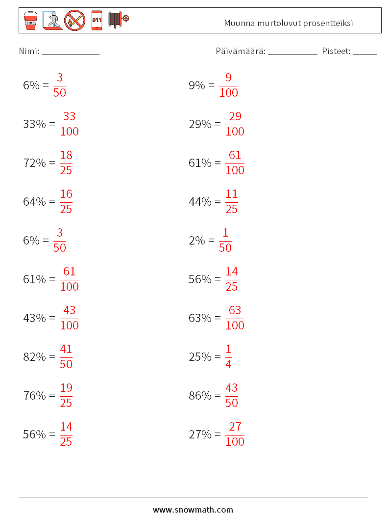 Muunna murtoluvut prosentteiksi Matematiikan laskentataulukot 6 Kysymys, vastaus