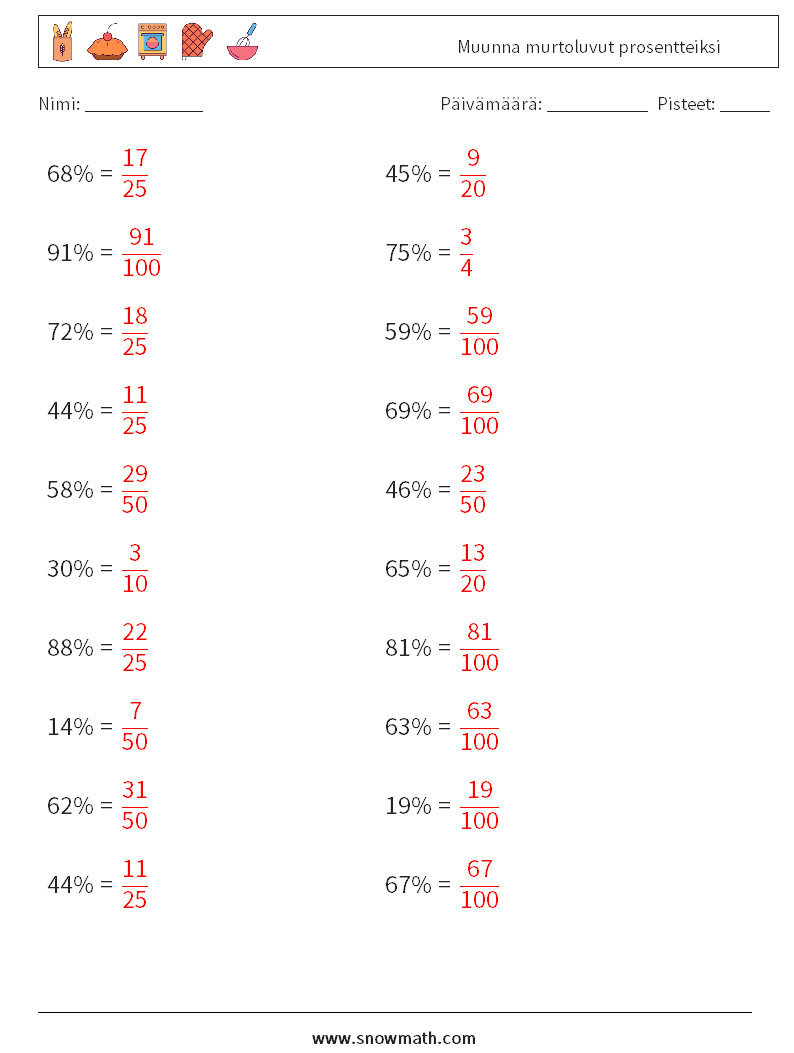 Muunna murtoluvut prosentteiksi Matematiikan laskentataulukot 8 Kysymys, vastaus