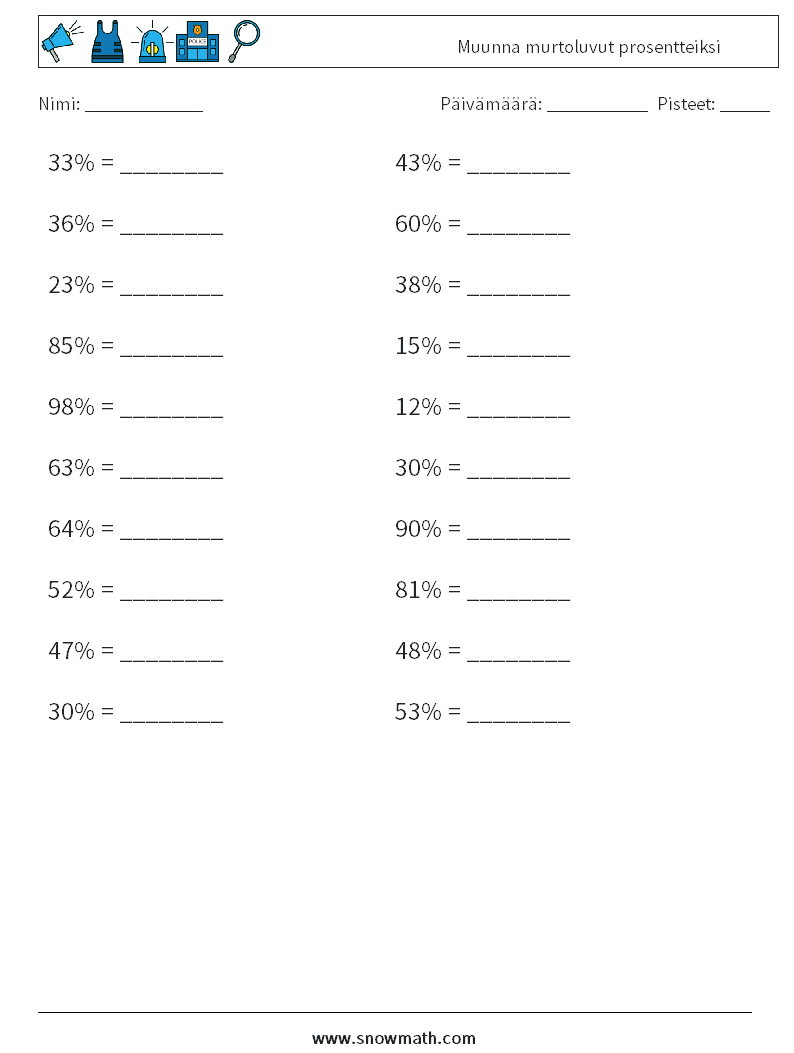 Muunna murtoluvut prosentteiksi Matematiikan laskentataulukot 9