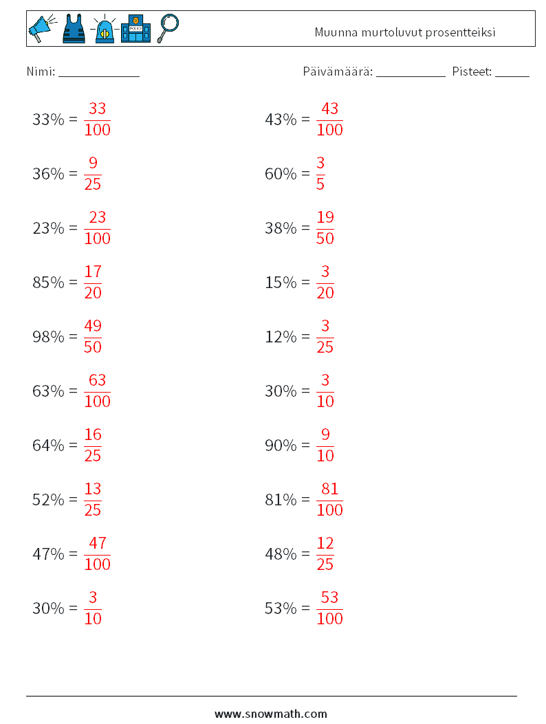 Muunna murtoluvut prosentteiksi Matematiikan laskentataulukot 9 Kysymys, vastaus