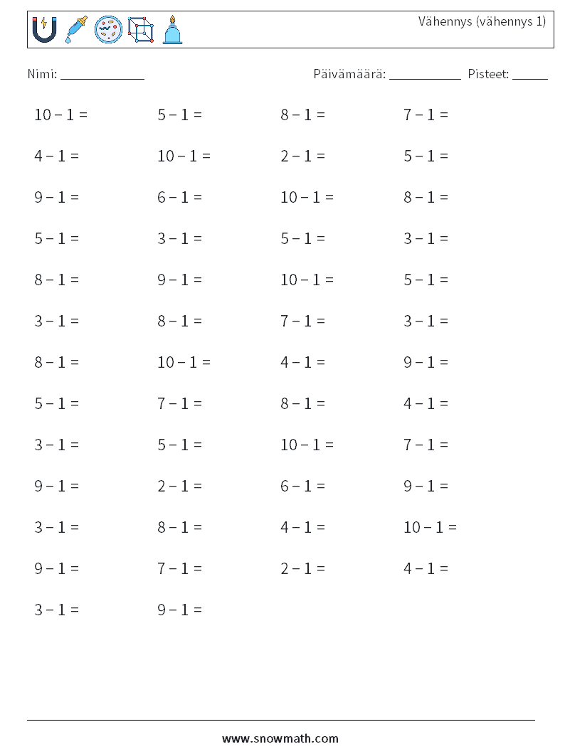 (50) Vähennys (vähennys 1) Matematiikan laskentataulukot 1