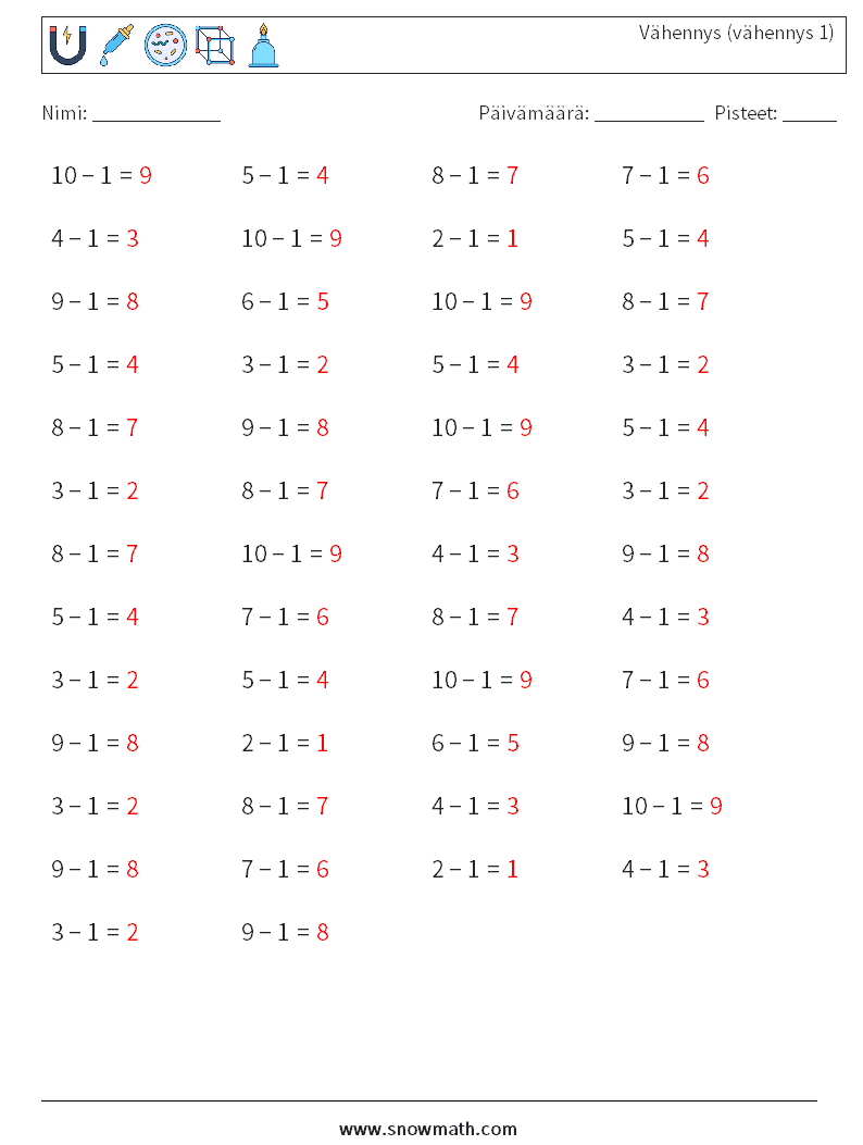 (50) Vähennys (vähennys 1) Matematiikan laskentataulukot 1 Kysymys, vastaus