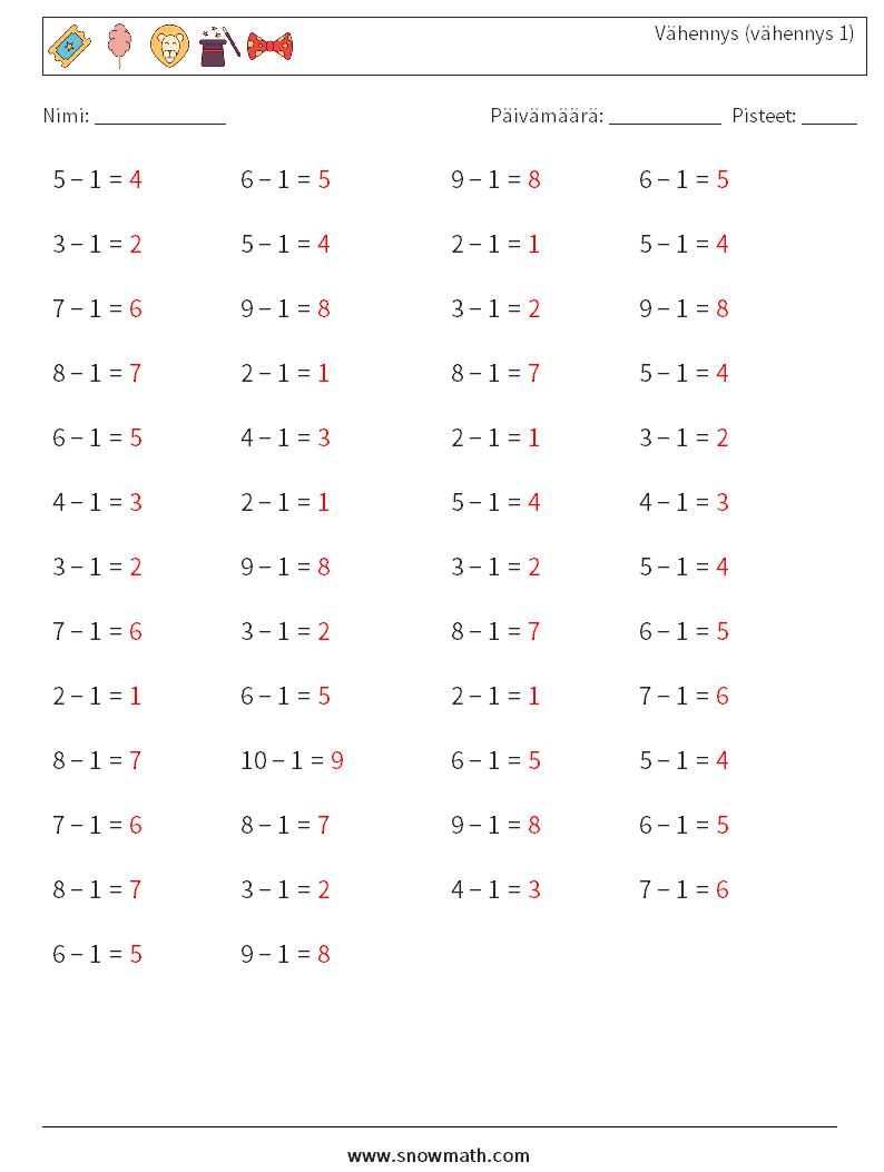 (50) Vähennys (vähennys 1) Matematiikan laskentataulukot 2 Kysymys, vastaus