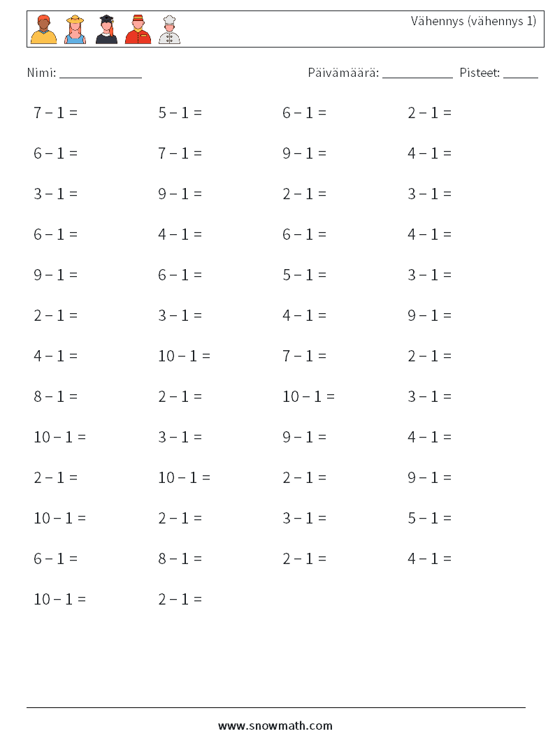 (50) Vähennys (vähennys 1) Matematiikan laskentataulukot 3