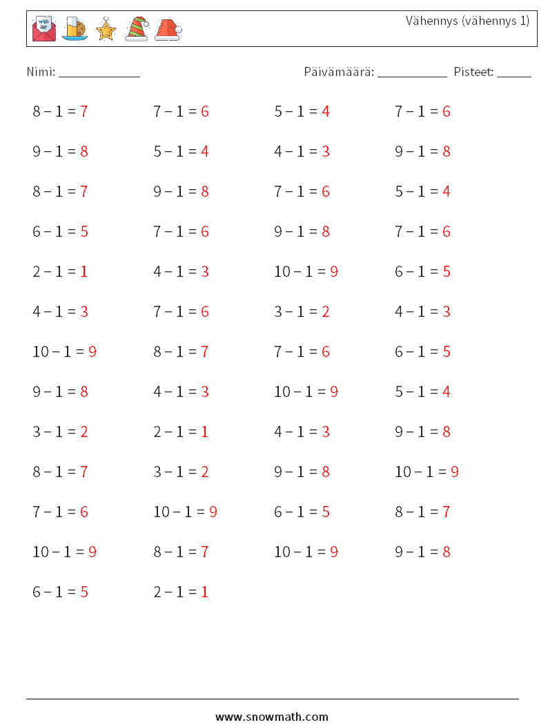 (50) Vähennys (vähennys 1) Matematiikan laskentataulukot 4 Kysymys, vastaus