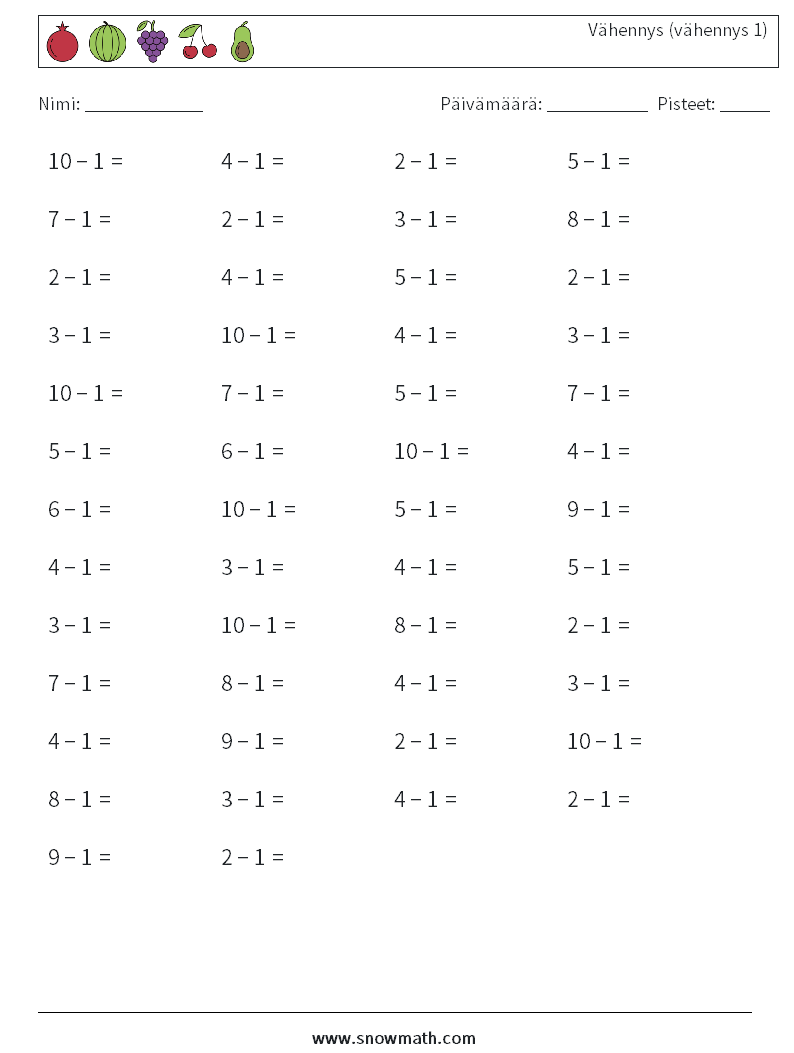 (50) Vähennys (vähennys 1) Matematiikan laskentataulukot 5