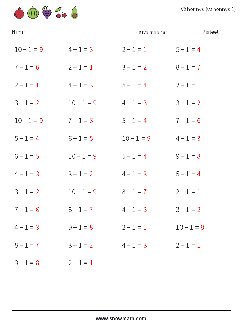 (50) Vähennys (vähennys 1) Matematiikan laskentataulukot 5 Kysymys, vastaus