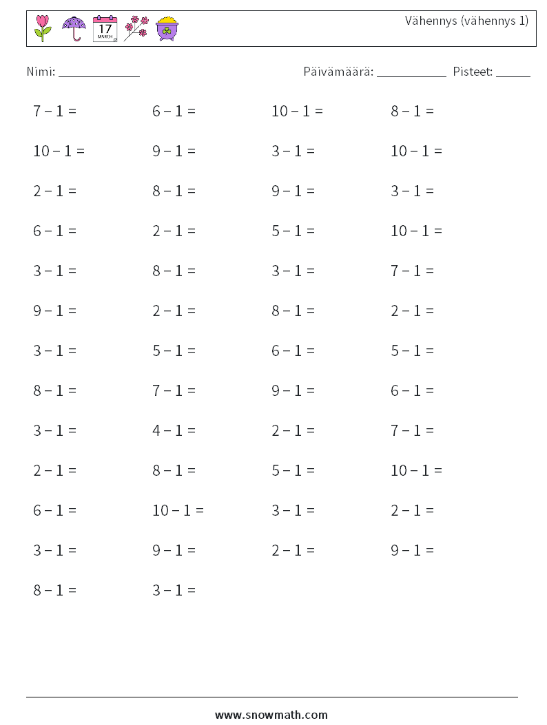 (50) Vähennys (vähennys 1) Matematiikan laskentataulukot 7