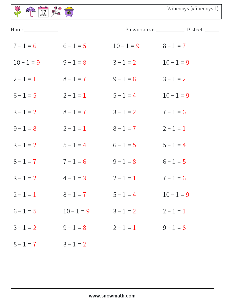 (50) Vähennys (vähennys 1) Matematiikan laskentataulukot 7 Kysymys, vastaus