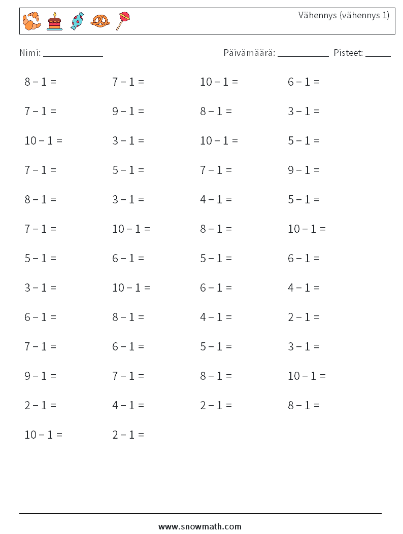 (50) Vähennys (vähennys 1) Matematiikan laskentataulukot 8