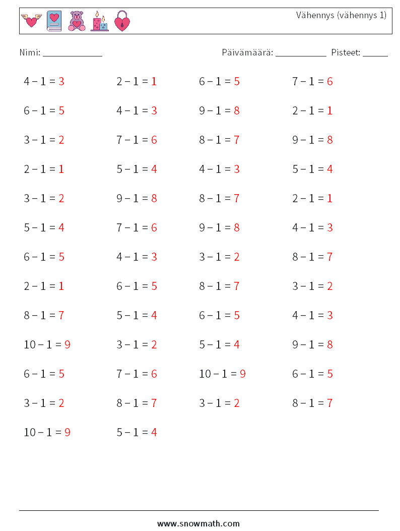 (50) Vähennys (vähennys 1) Matematiikan laskentataulukot 9 Kysymys, vastaus
