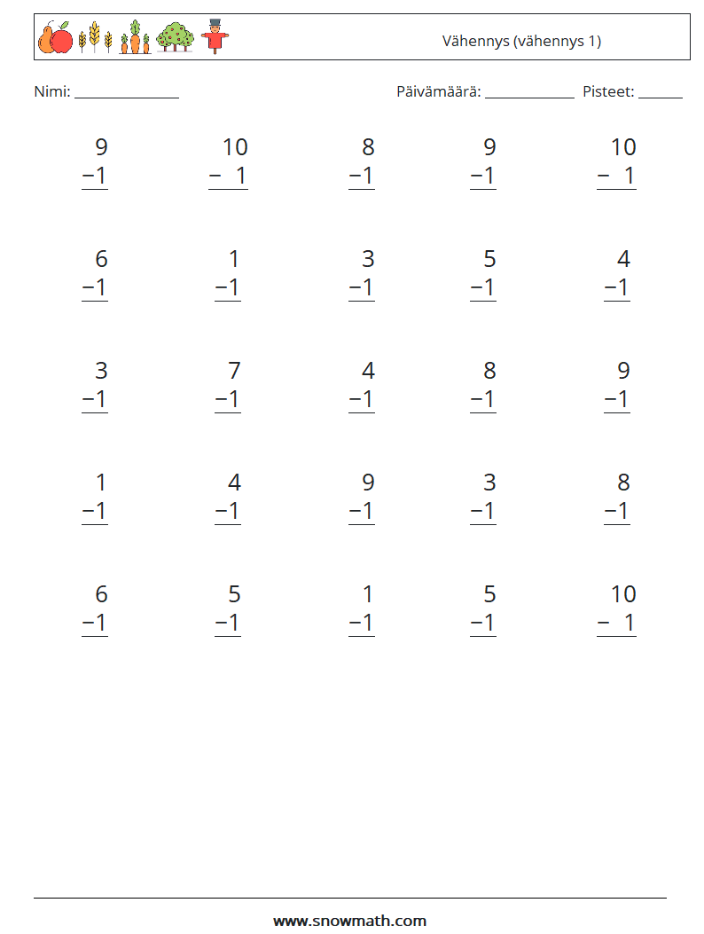 (25) Vähennys (vähennys 1) Matematiikan laskentataulukot 1