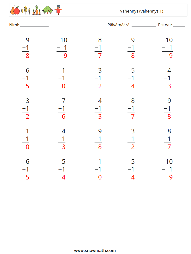 (25) Vähennys (vähennys 1) Matematiikan laskentataulukot 1 Kysymys, vastaus