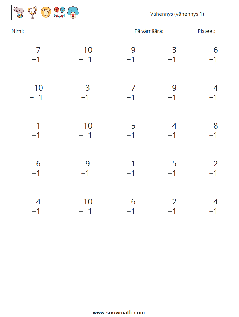 (25) Vähennys (vähennys 1) Matematiikan laskentataulukot 2