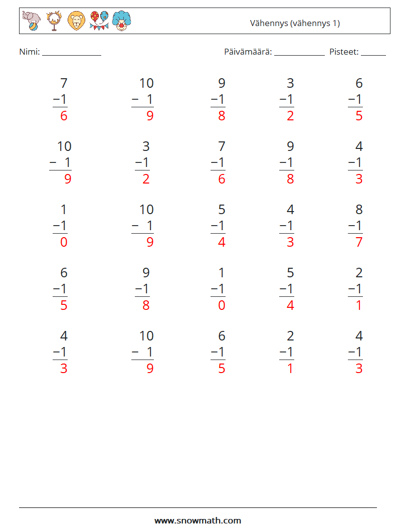 (25) Vähennys (vähennys 1) Matematiikan laskentataulukot 2 Kysymys, vastaus