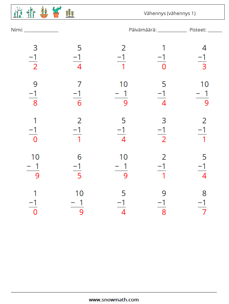 (25) Vähennys (vähennys 1) Matematiikan laskentataulukot 3 Kysymys, vastaus