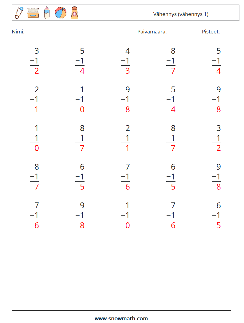 (25) Vähennys (vähennys 1) Matematiikan laskentataulukot 4 Kysymys, vastaus