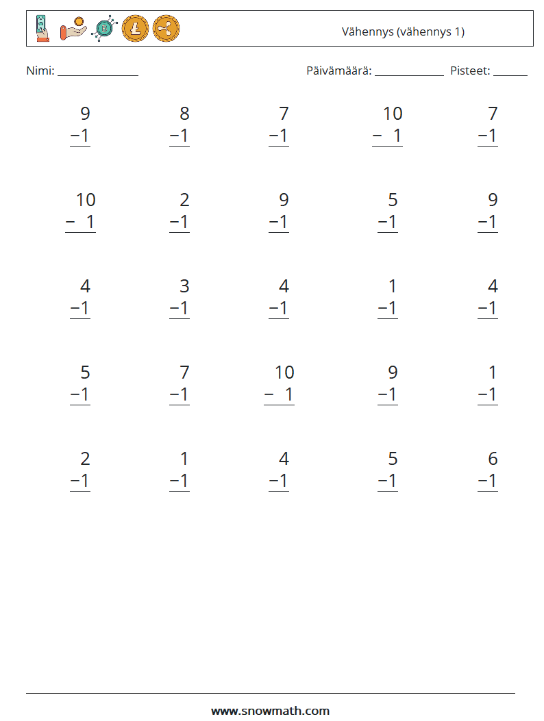 (25) Vähennys (vähennys 1) Matematiikan laskentataulukot 5