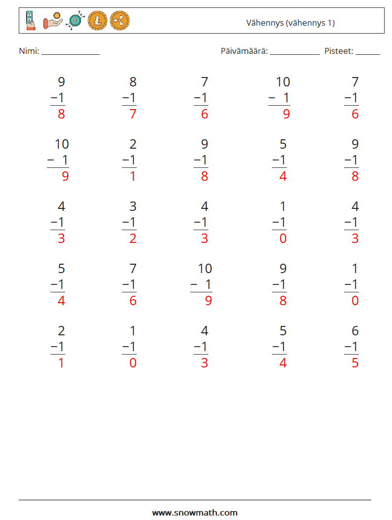 (25) Vähennys (vähennys 1) Matematiikan laskentataulukot 5 Kysymys, vastaus