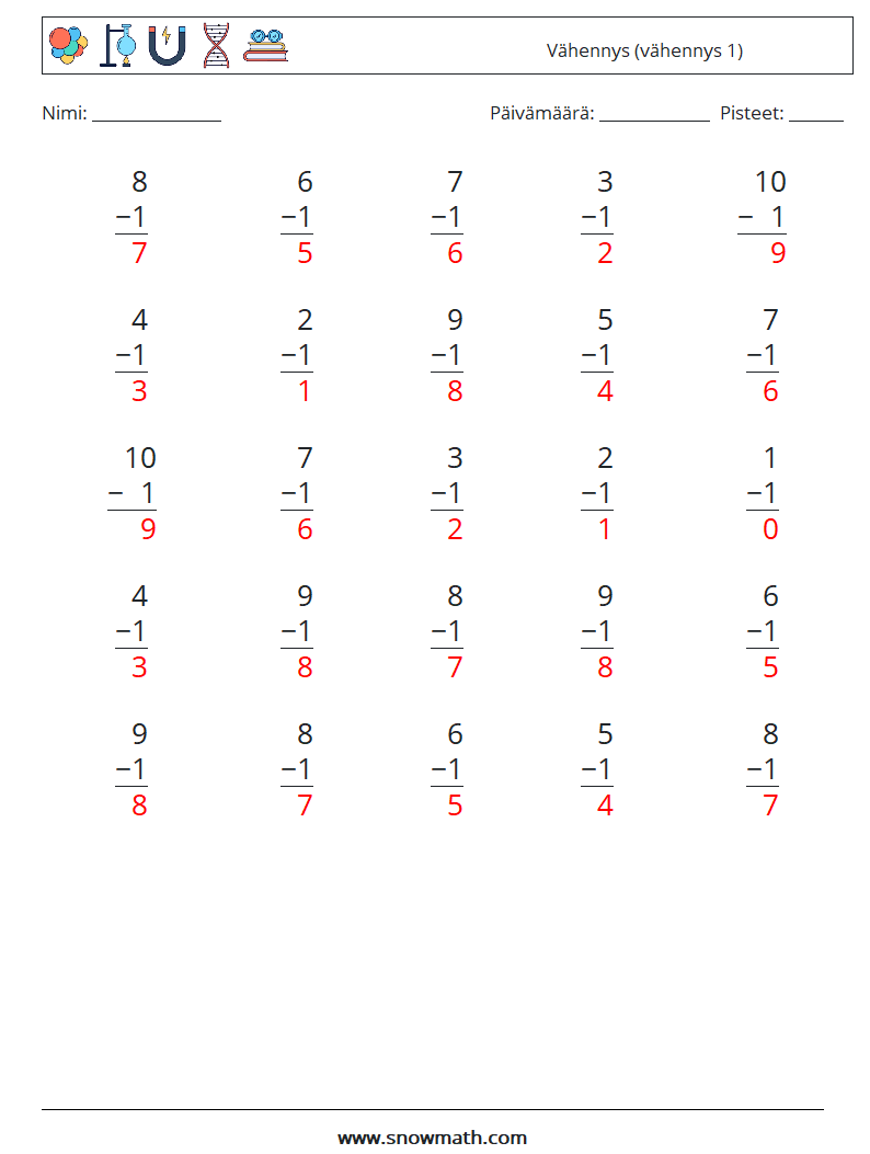 (25) Vähennys (vähennys 1) Matematiikan laskentataulukot 6 Kysymys, vastaus