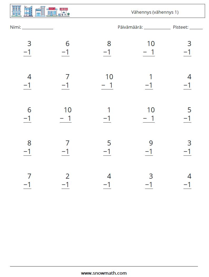 (25) Vähennys (vähennys 1) Matematiikan laskentataulukot 7