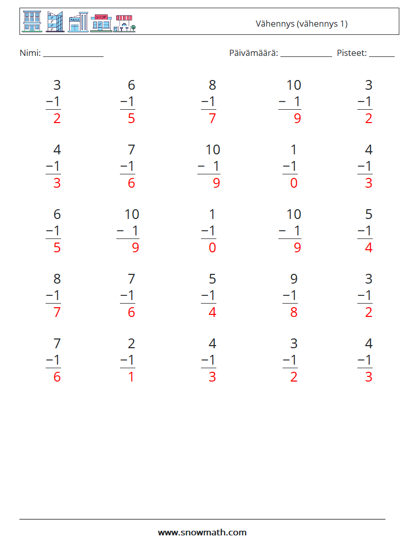 (25) Vähennys (vähennys 1) Matematiikan laskentataulukot 7 Kysymys, vastaus