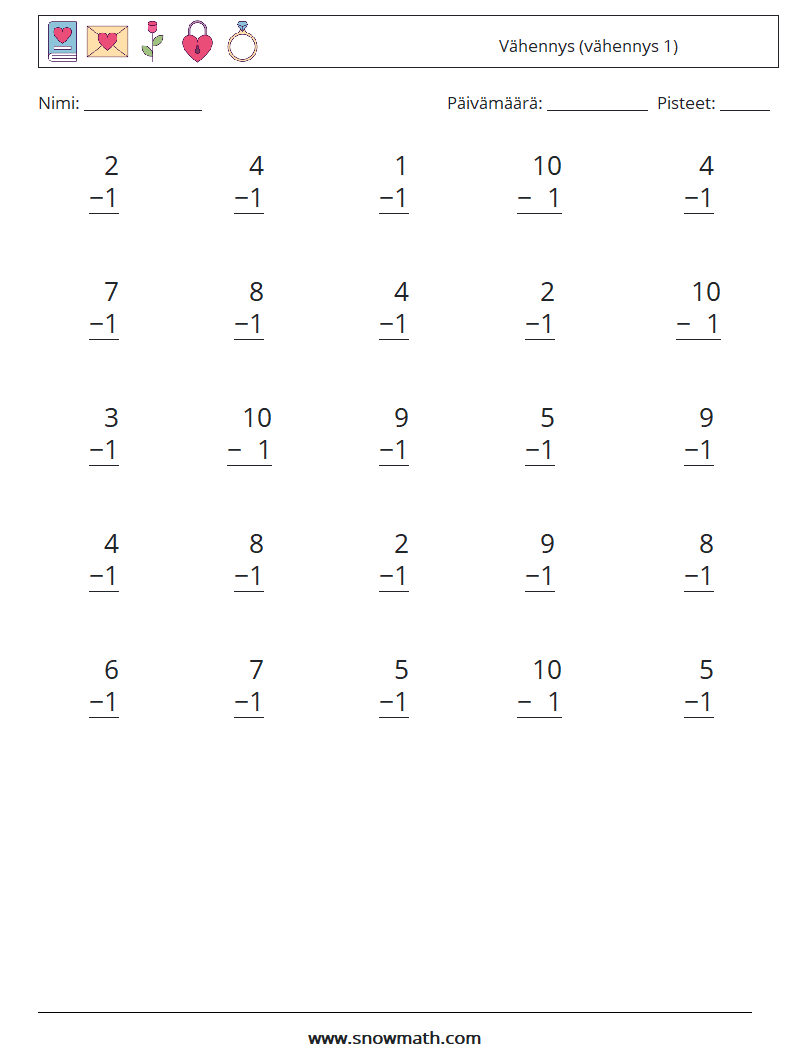 (25) Vähennys (vähennys 1) Matematiikan laskentataulukot 8