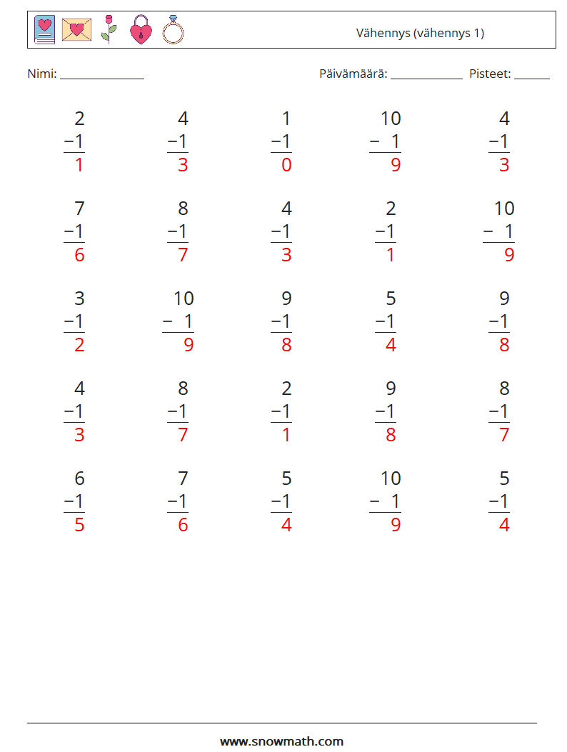 (25) Vähennys (vähennys 1) Matematiikan laskentataulukot 8 Kysymys, vastaus