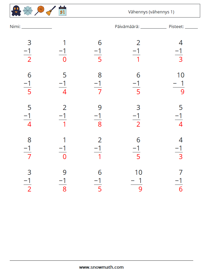 (25) Vähennys (vähennys 1) Matematiikan laskentataulukot 9 Kysymys, vastaus