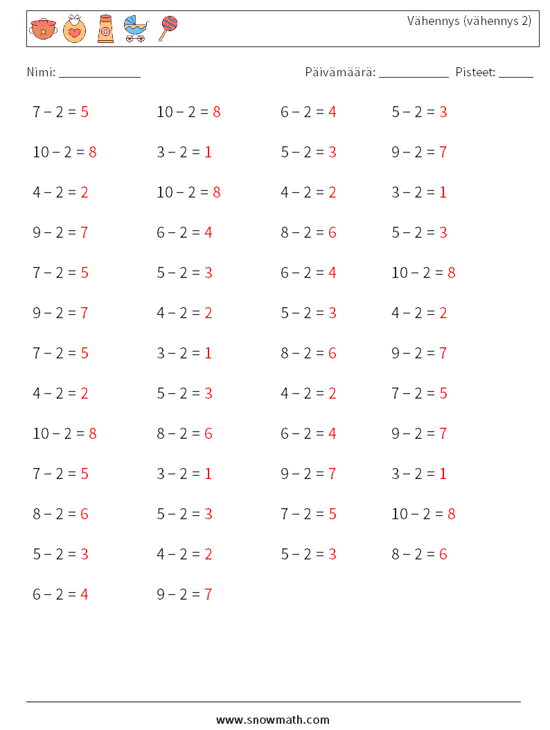 (50) Vähennys (vähennys 2) Matematiikan laskentataulukot 1 Kysymys, vastaus