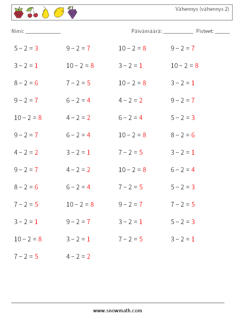 (50) Vähennys (vähennys 2) Matematiikan laskentataulukot 2 Kysymys, vastaus