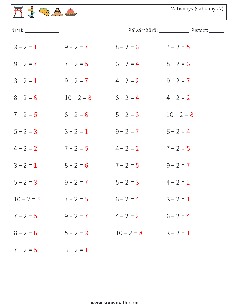 (50) Vähennys (vähennys 2) Matematiikan laskentataulukot 3 Kysymys, vastaus
