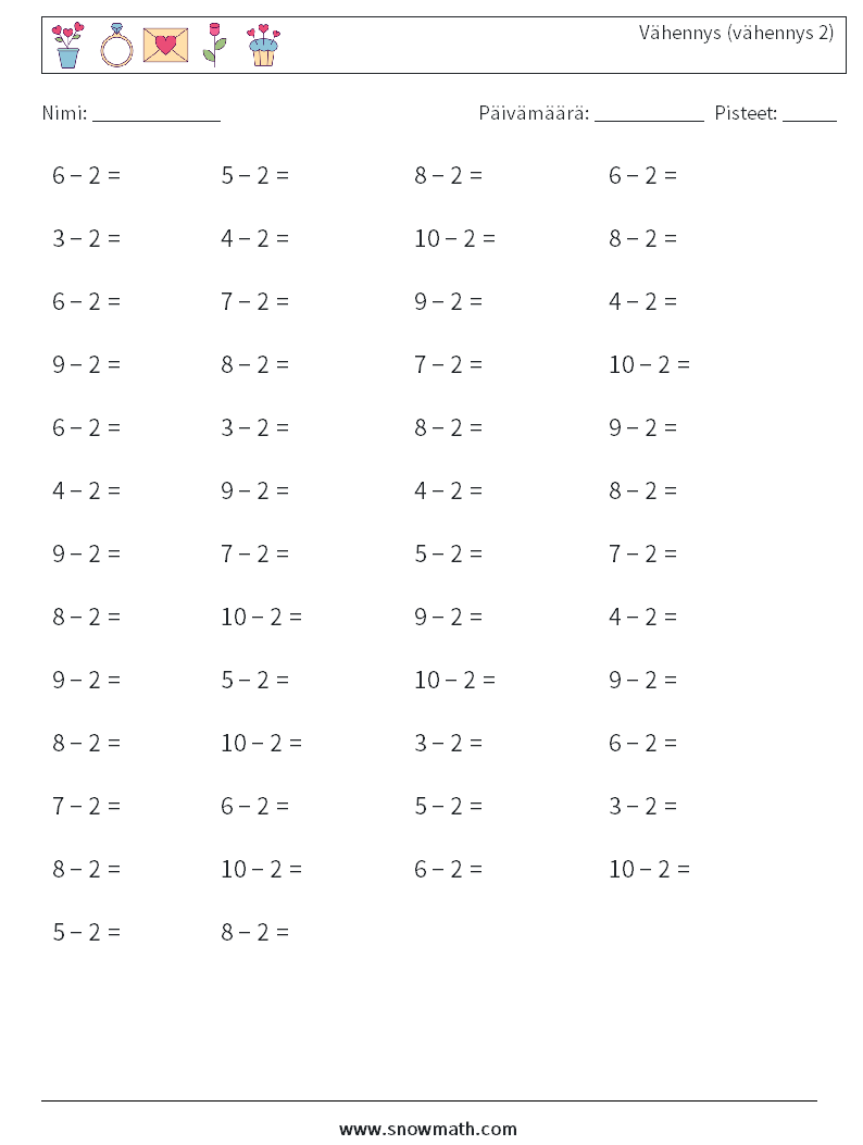 (50) Vähennys (vähennys 2) Matematiikan laskentataulukot 4