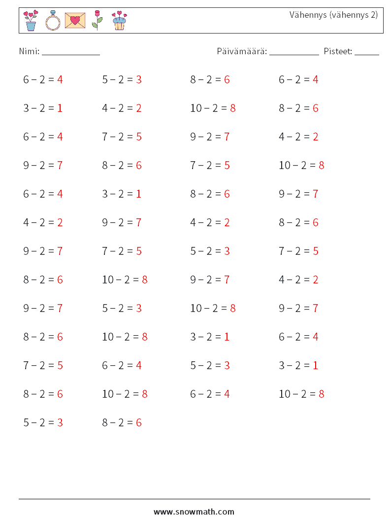 (50) Vähennys (vähennys 2) Matematiikan laskentataulukot 4 Kysymys, vastaus