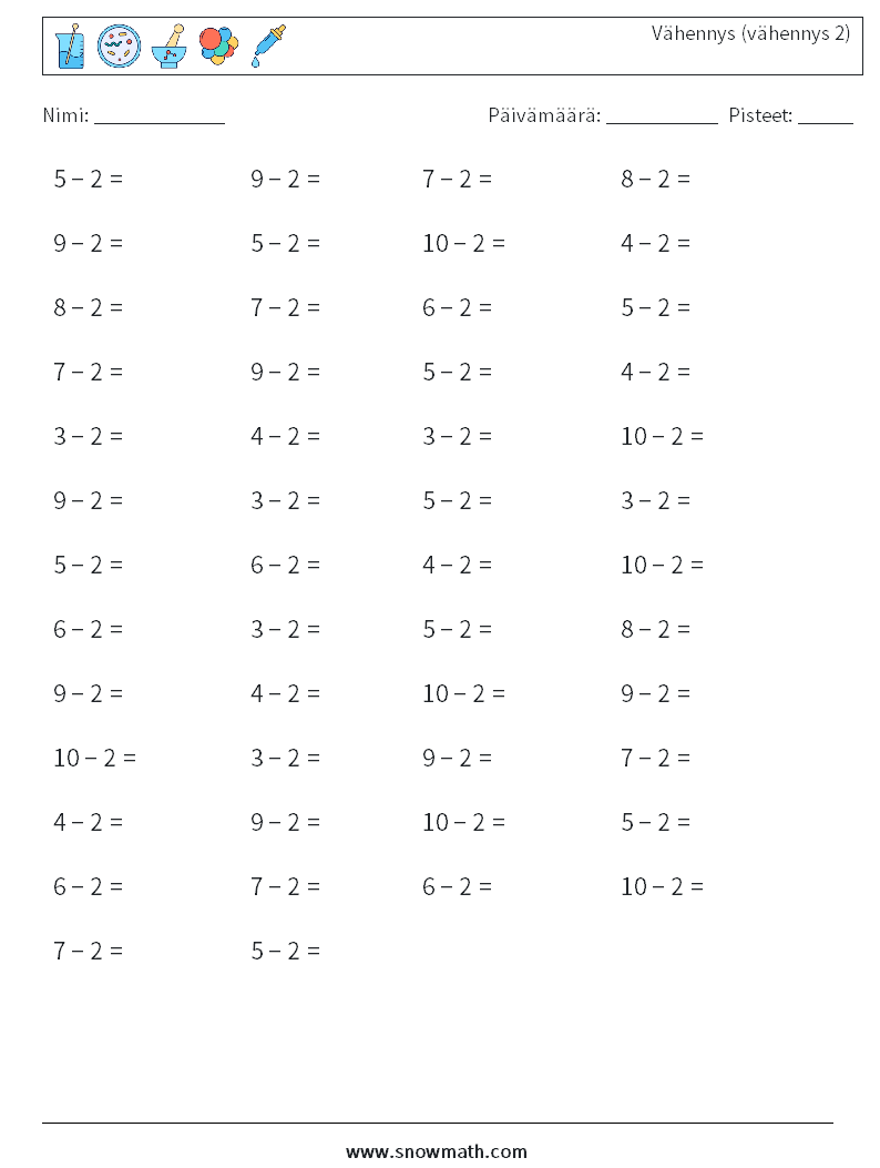 (50) Vähennys (vähennys 2) Matematiikan laskentataulukot 6