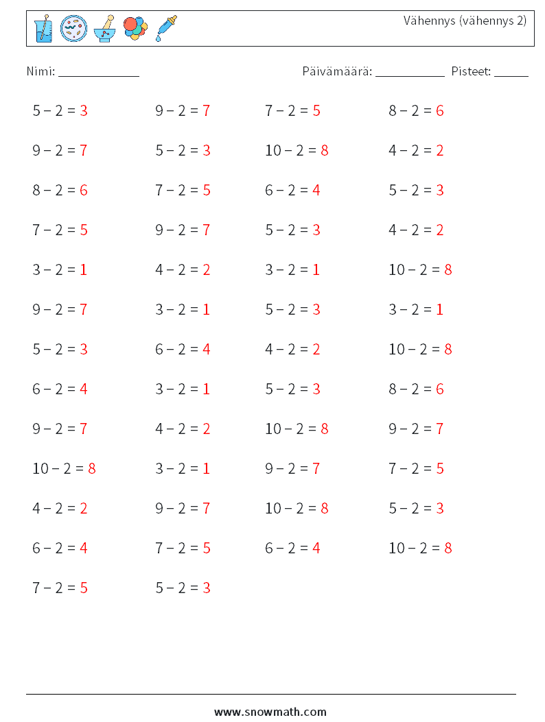 (50) Vähennys (vähennys 2) Matematiikan laskentataulukot 6 Kysymys, vastaus