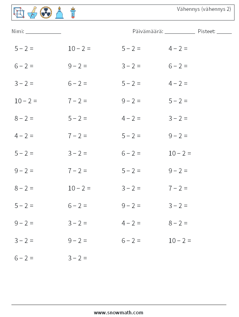 (50) Vähennys (vähennys 2) Matematiikan laskentataulukot 7