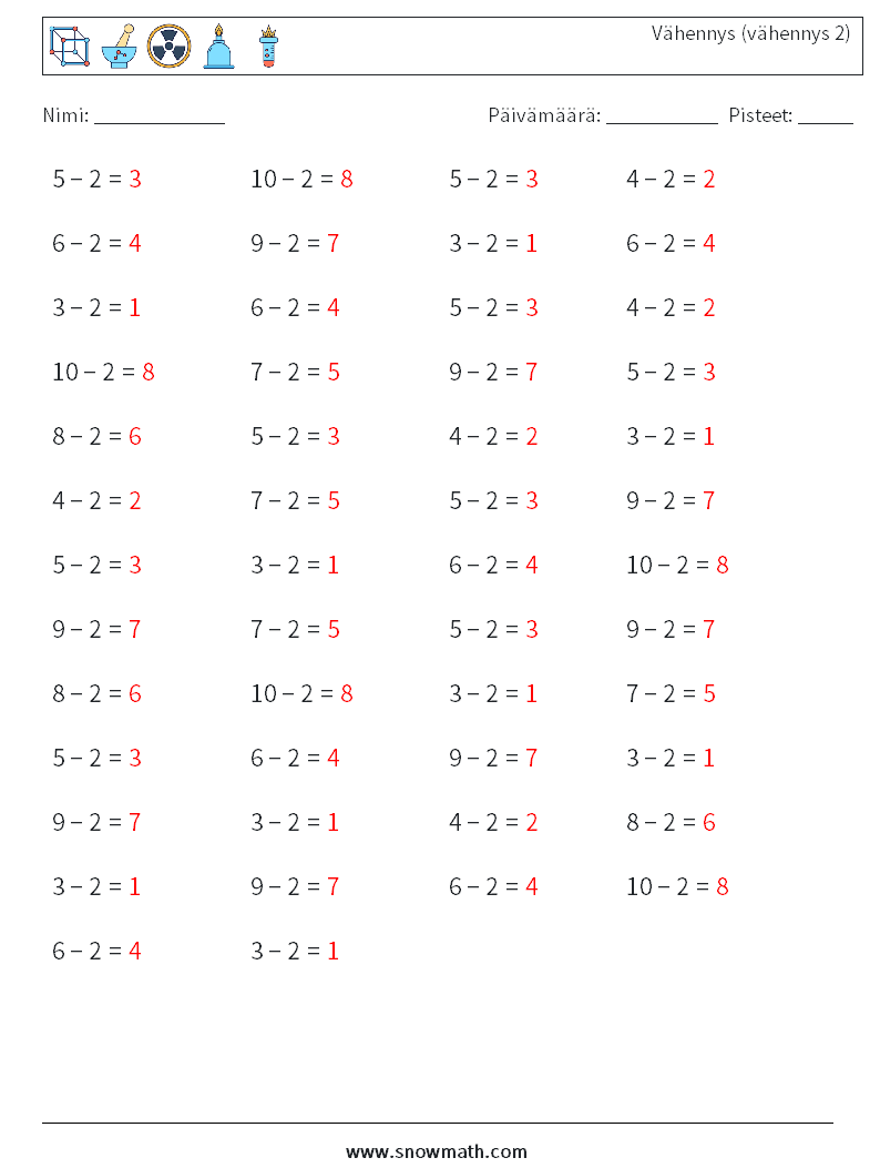 (50) Vähennys (vähennys 2) Matematiikan laskentataulukot 7 Kysymys, vastaus
