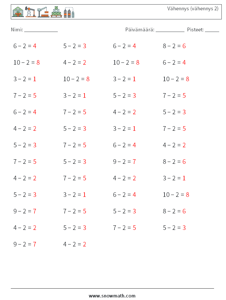 (50) Vähennys (vähennys 2) Matematiikan laskentataulukot 8 Kysymys, vastaus