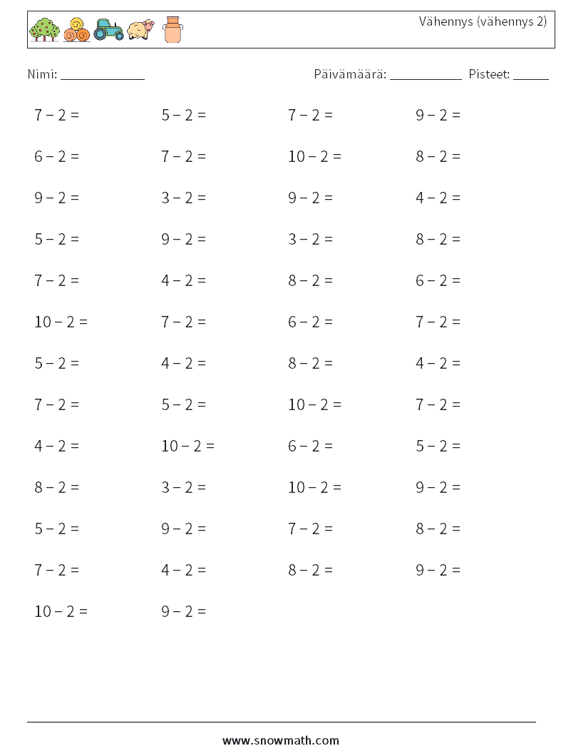 (50) Vähennys (vähennys 2) Matematiikan laskentataulukot 9