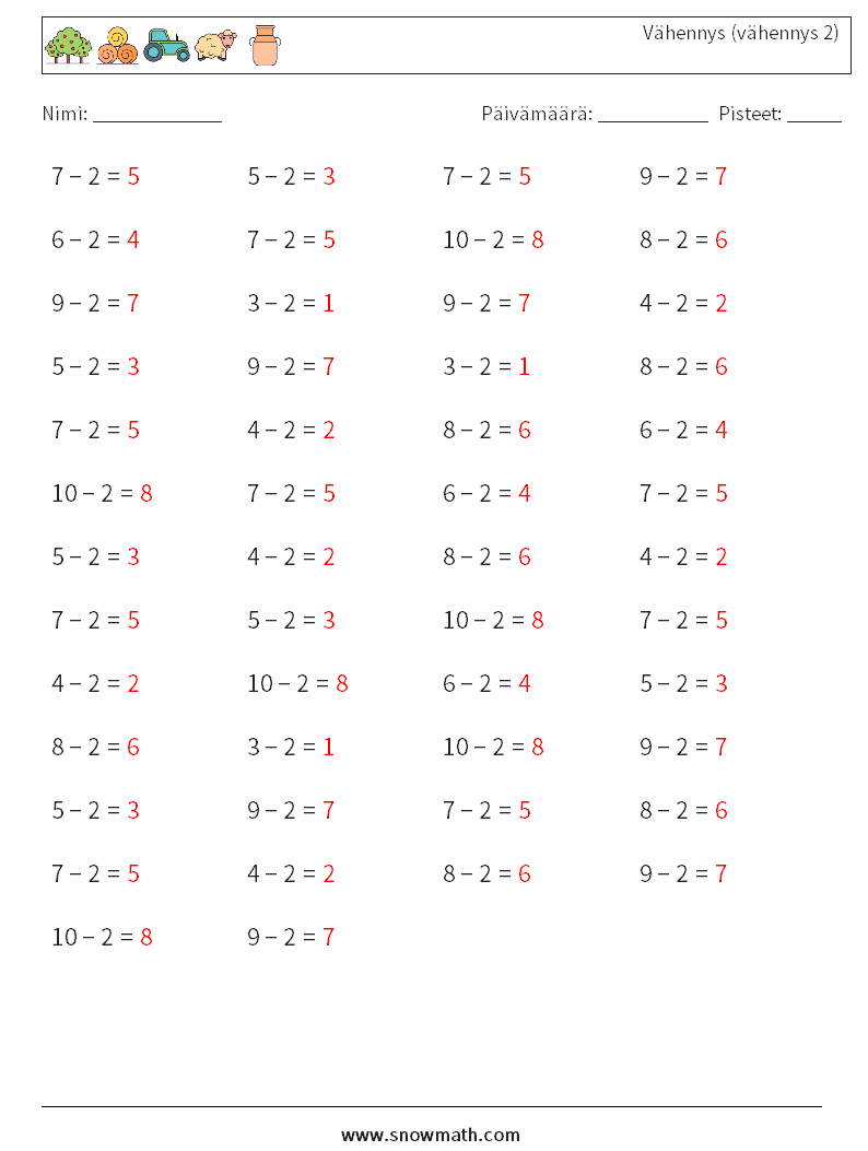 (50) Vähennys (vähennys 2) Matematiikan laskentataulukot 9 Kysymys, vastaus