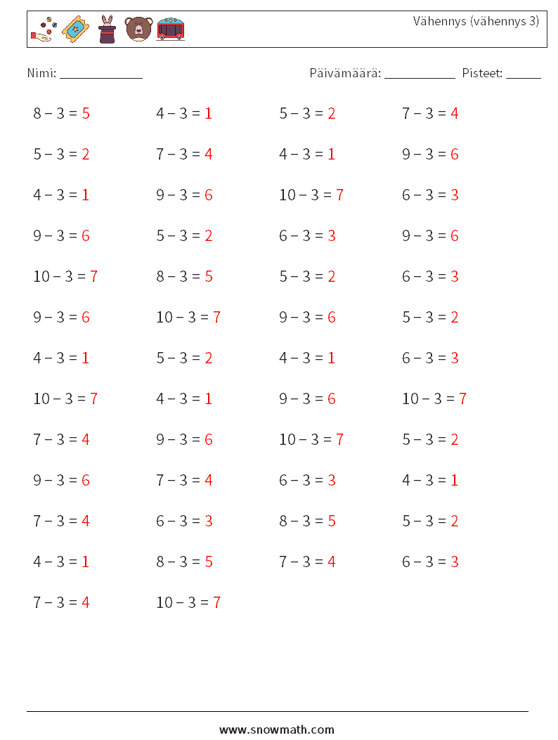 (50) Vähennys (vähennys 3) Matematiikan laskentataulukot 1 Kysymys, vastaus