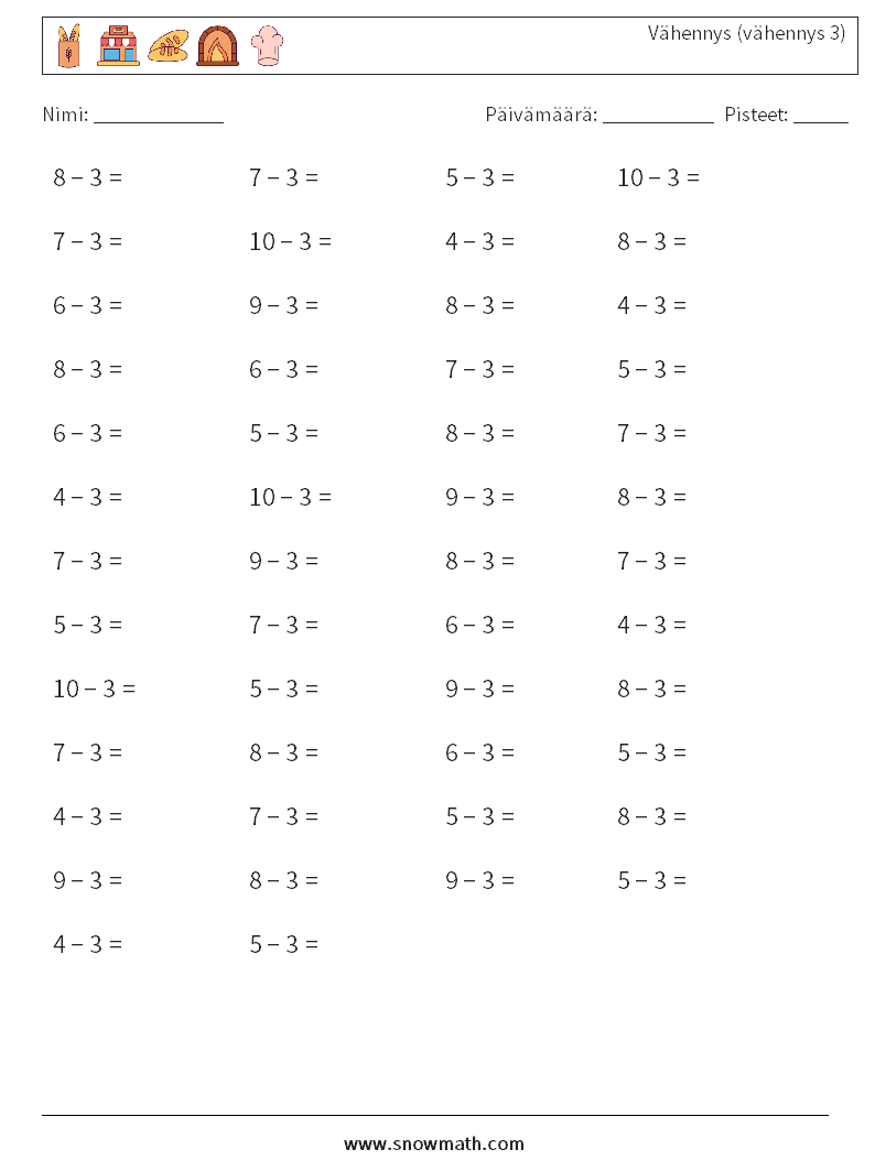 (50) Vähennys (vähennys 3) Matematiikan laskentataulukot 3