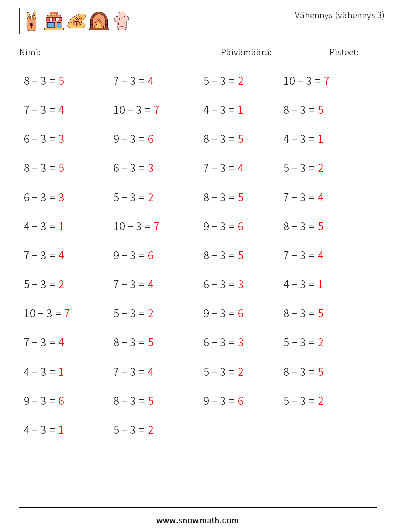 (50) Vähennys (vähennys 3) Matematiikan laskentataulukot 3 Kysymys, vastaus