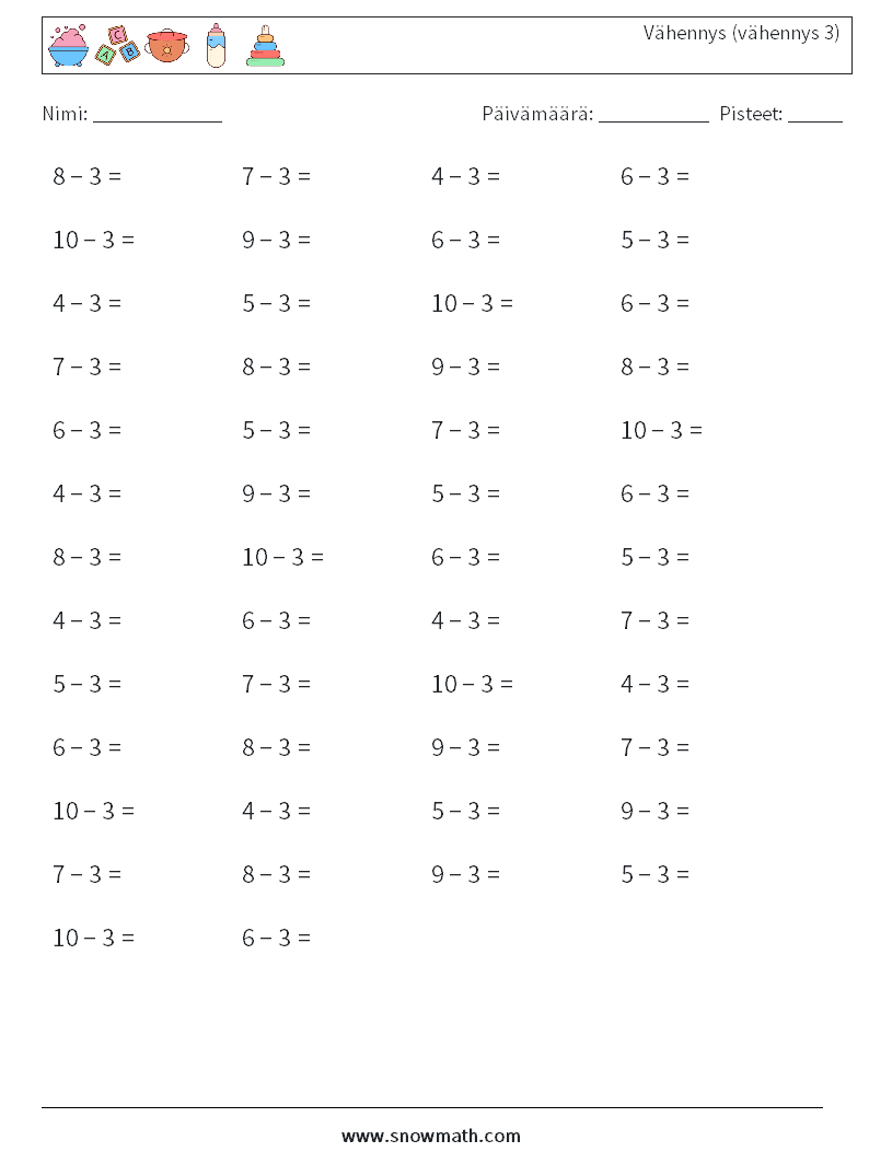 (50) Vähennys (vähennys 3) Matematiikan laskentataulukot 4