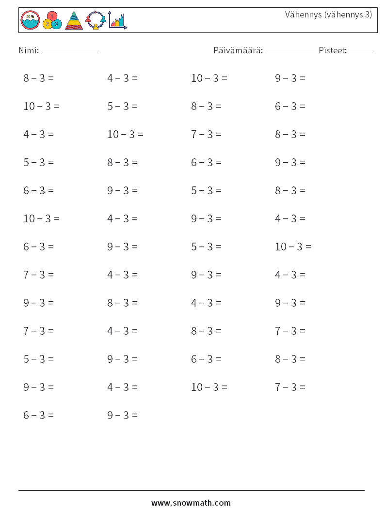 (50) Vähennys (vähennys 3) Matematiikan laskentataulukot 5