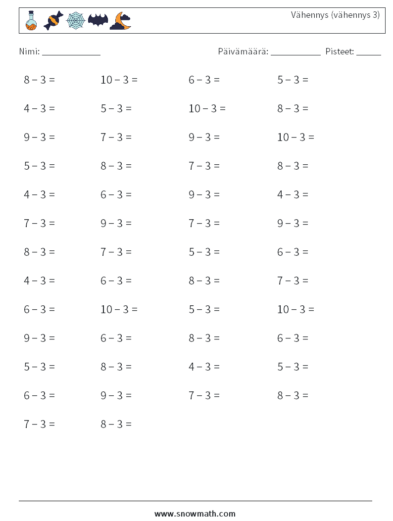 (50) Vähennys (vähennys 3) Matematiikan laskentataulukot 6