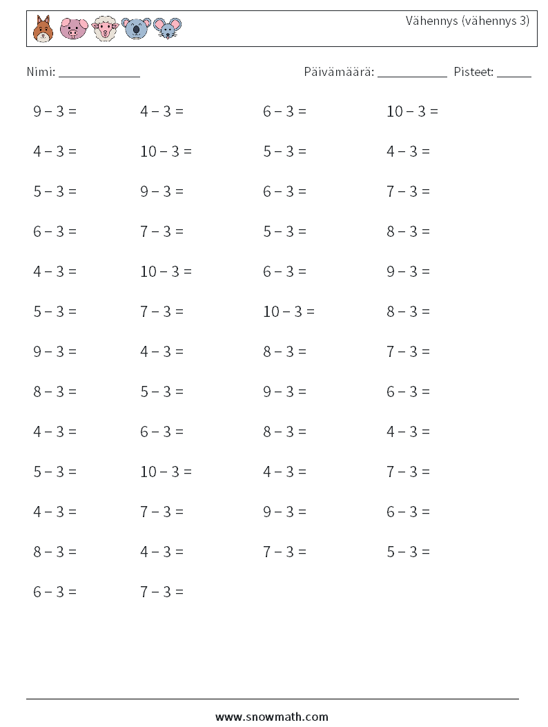 (50) Vähennys (vähennys 3) Matematiikan laskentataulukot 7